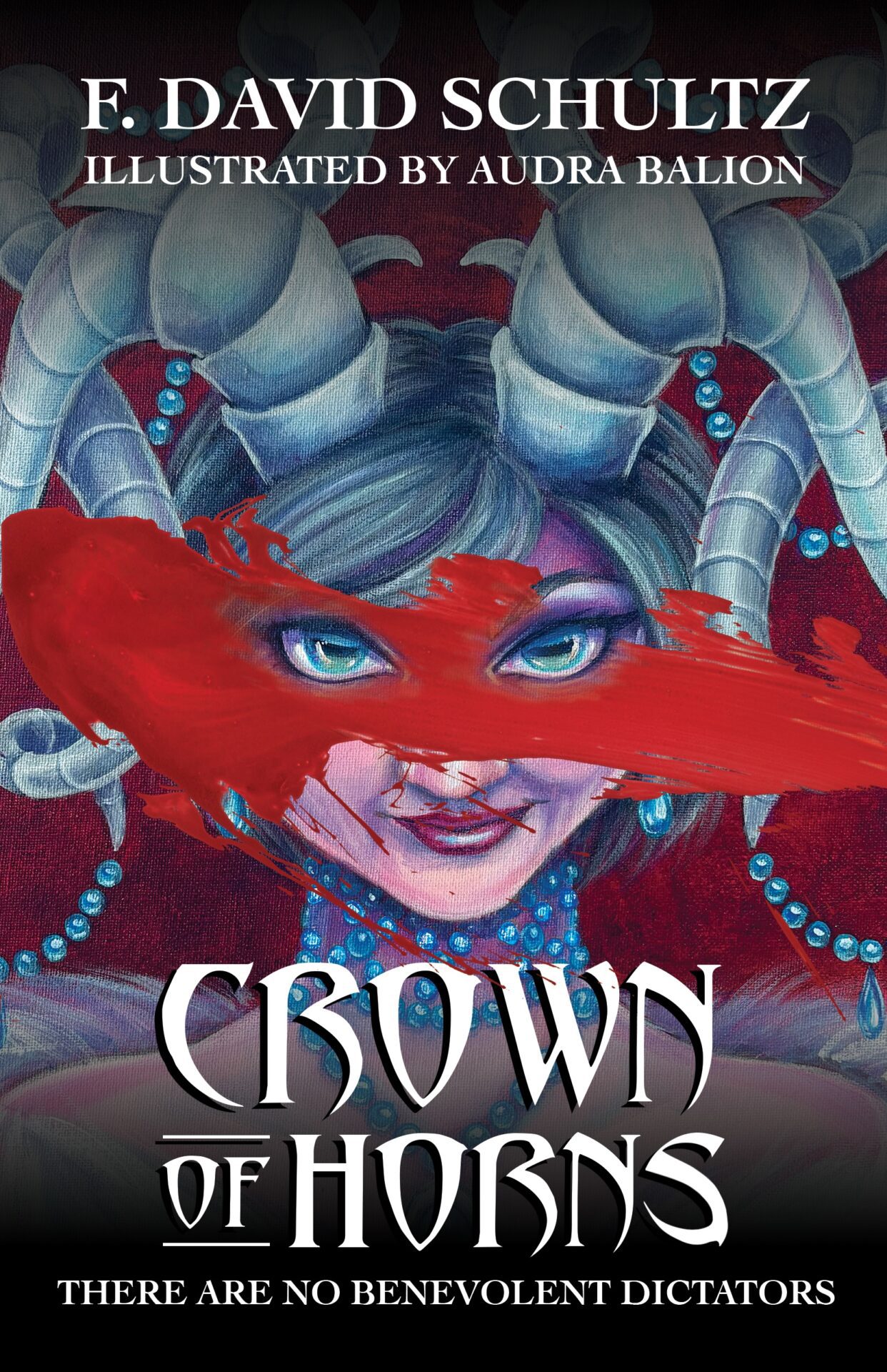 Cover for Crown of Horns featuring a horned woman with red paint across her face.