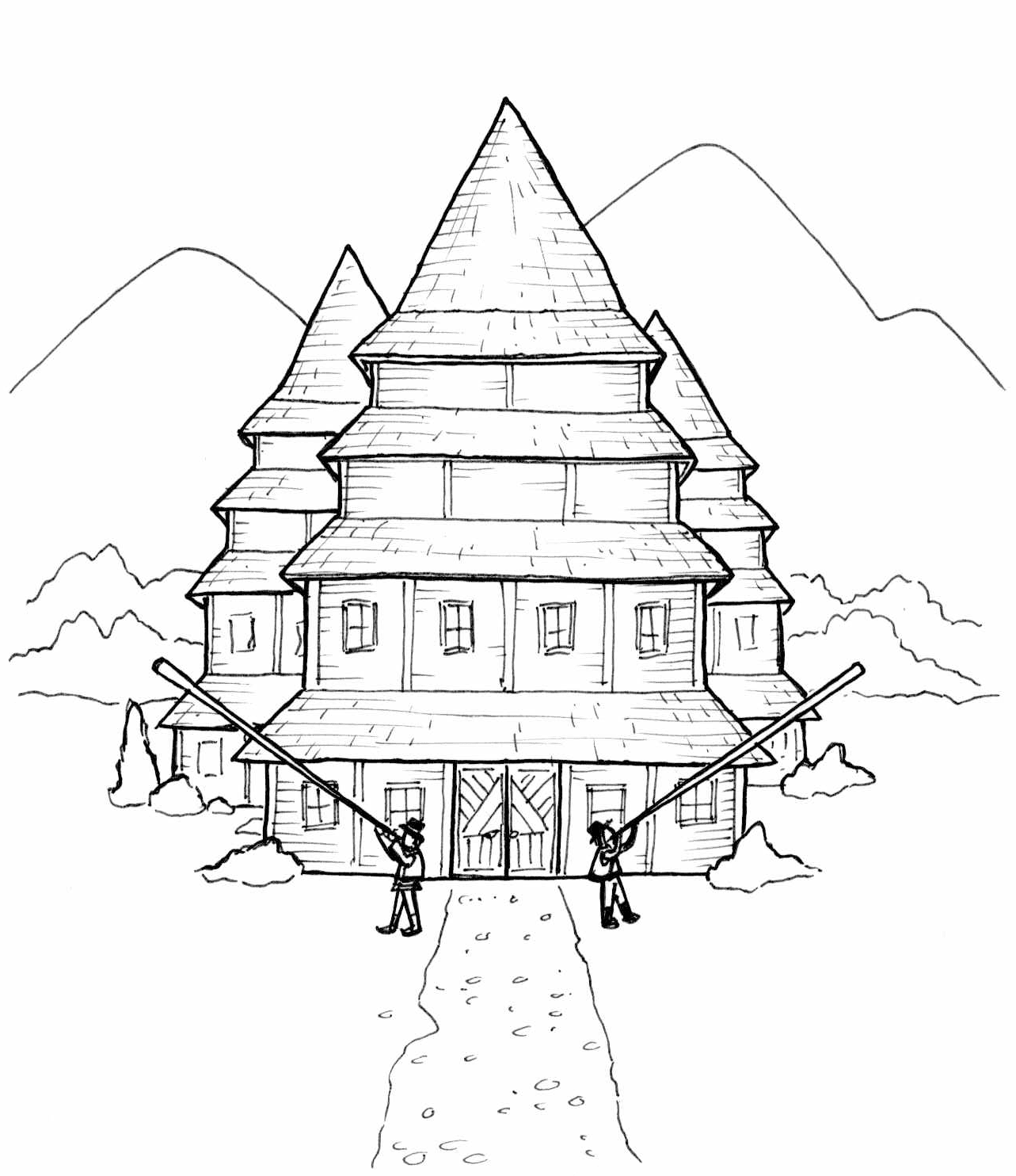 An illustration by Audra Balion featuring a building based on Hutsul architecture and two people playing instruments inspired by the Ukrainian trembita.