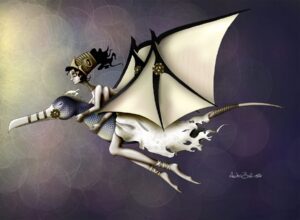 An illustration of a woman, Andromache, riding a narbatross: a beast that is part narwhal, part bat, part albatross.