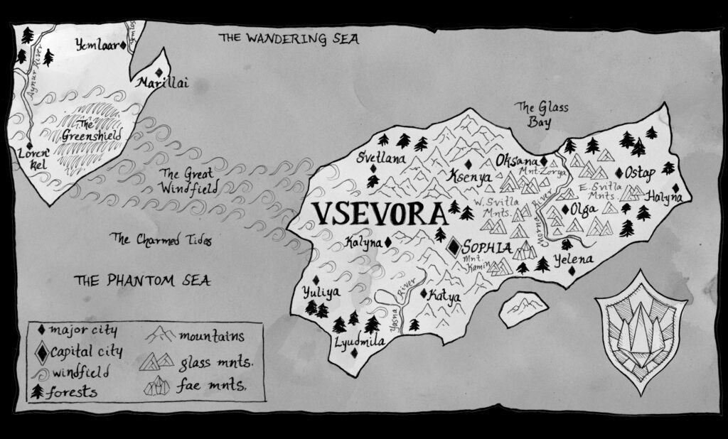 The map from Crown of Horns, featuring both the continent (and country) of Vsevora, and the secretive Greenshield across the Phantom Sea.